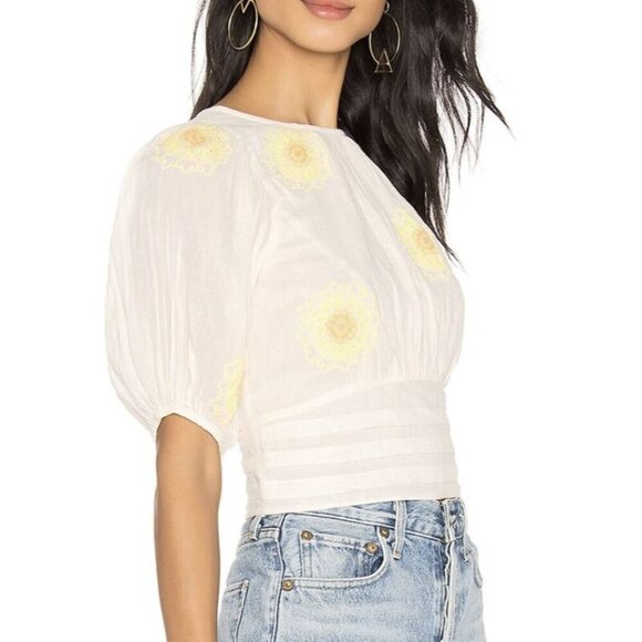 Free People My Girl Embroidered Sunflower Puff-Sleeve Blouse Cotton Ivory S - Picture 14 of 14
